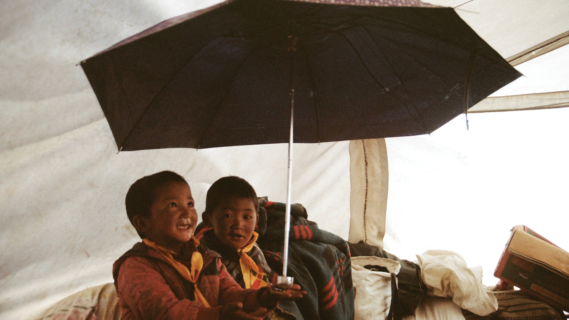 Two boys holding an umbrella