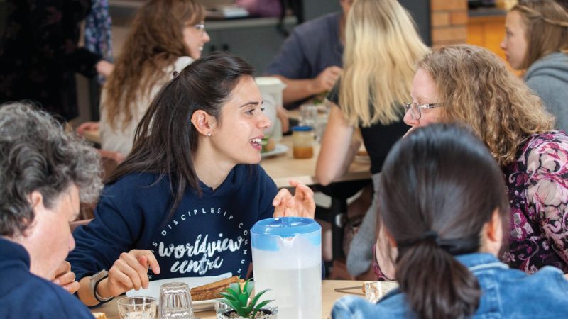 Two Women talking at Worldview, Tasmania